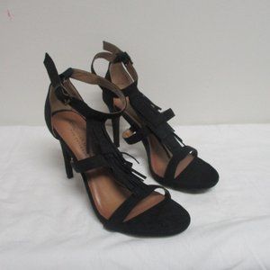 Christian Siriano Fringed Ankle Strap Statement Heels sz 8 Black Peep-Toe